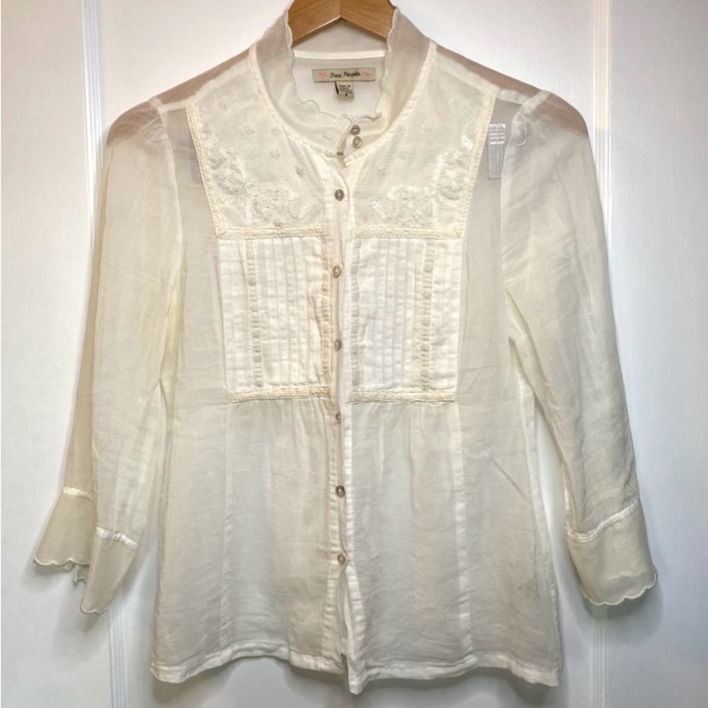 Free People Ivory Embroidered Blouse